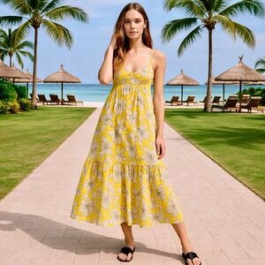 Zara Yellow Floral Maxi Dress Womens M Strappy Boho Cottagecore Sundress Summer